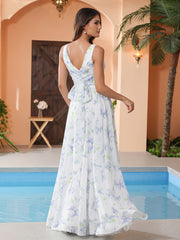 Robe Longue en Mousseline à Col en V avec Nœud Lavande Florale