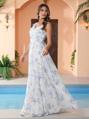 Robe Longue en Mousseline à Col en V avec Nœud Lavande Florale