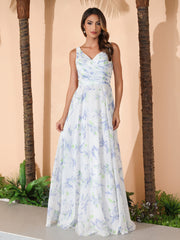 Robe Longue en Mousseline à Col en V avec Nœud Lavande Florale