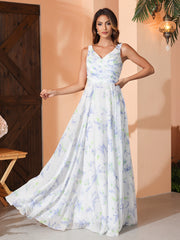 Robe Longue en Mousseline à Col en V avec Nœud Lavande Florale