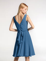 Mini-Robe Corsage Plissée à Col en V avec Jupe Circulaire Bleu Encre