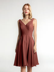Mini-Robe Corsage Plissée à Col en V avec Jupe Circulaire terracotta Grande Taille