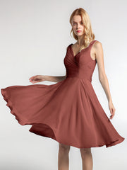 Mini-Robe Corsage Plissée à Col en V avec Jupe Circulaire terracotta Grande Taille