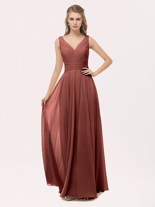 Col en V Mousseline Robe Longue avec Nœud terracotta
