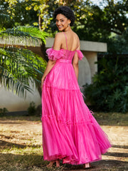 Robe Plissée en Tulle Longueur au Sol à Manches Flottantes Azalée Grande Taille