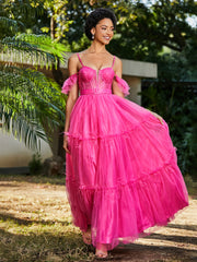 Robe Plissée en Tulle Longueur au Sol à Manches Flottantes Azalée Grande Taille