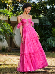Robe Plissée en Tulle Longueur au Sol à Manches Flottantes Azalée Grande Taille