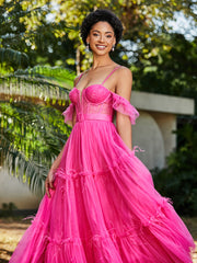 Robe Plissée en Tulle Longueur au Sol à Manches Flottantes Azalée Grande Taille