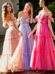 Robe Plissée en Tulle Longueur au Sol à Manches Flottantes Bleu