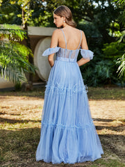 Robe Plissée en Tulle Longueur au Sol à Manches Flottantes Bleu