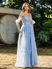 Robe Plissée en Tulle Longueur au Sol à Manches Flottantes Bleu