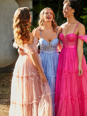 Robe Plissée en Tulle Longueur au Sol à Manches Flottantes Bleu