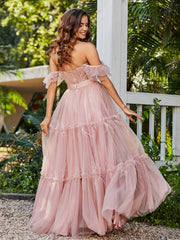 Robe Plissée en Tulle Longueur au Sol à Manches Flottantes Dusty Rose Grande Taille