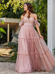 Robe Plissée en Tulle Longueur au Sol à Manches Flottantes Rose Poudré