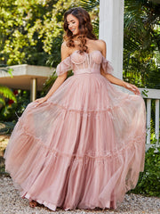 Robe Plissée en Tulle Longueur au Sol à Manches Flottantes Dusty Rose Grande Taille
