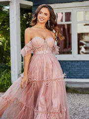 Robe Plissée en Tulle Longueur au Sol à Manches Flottantes Dusty Rose Grande Taille