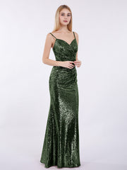 Bretelle Spaghetti Paillettes Robe avec Col en Cœur Olive Verte Grande Taille