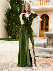Robe de A-ligne en Velours à Col en V avec Fente Olive Verte Grande Taille