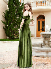 Robe de A-ligne en Velours à Col en V avec Fente Olive Verte Grande Taille