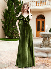 Robe de A-ligne en Velours à Col en V avec Fente Olive Verte