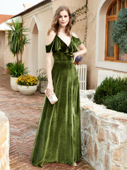 Robe de A-ligne en Velours à Col en V avec Fente Olive Verte