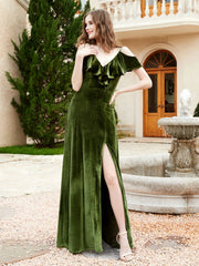 Robe de A-ligne en Velours à Col en V avec Fente Olive Verte