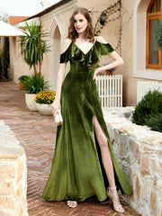 Robe de A-ligne en Velours à Col en V avec Fente Olive Verte