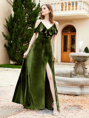 Robe de A-ligne en Velours à Col en V avec Fente Olive Verte