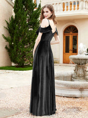 Robe de A-ligne en Velours à Col en V avec Fente Noir Grande Taille