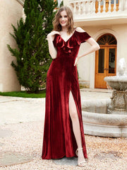 Robe de A-ligne en Velours à Col en V avec Fente Bordeaux Grande Taille