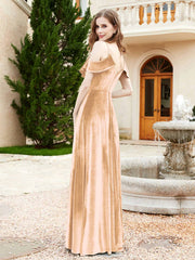 Robe de A-ligne en Velours à Col en V avec Fente Champagne Grande Taille