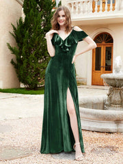 Robe de A-ligne en Velours à Col en V avec Fente Vert Foncé Grande Taille