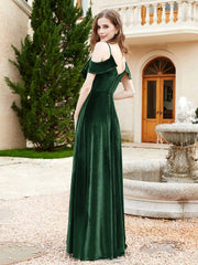 Robe de A-ligne en Velours à Col en V avec Fente Vert Foncé Grande Taille