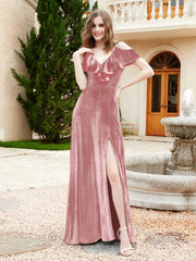 Robe de A-ligne en Velours à Col en V avec Fente Rose Poudré