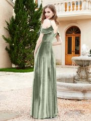 Robe de A-ligne en Velours à Col en V avec Fente Sauge Poudrée Grande Taille