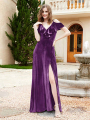 Robe de A-ligne en Velours à Col en V avec Fente Raisin Grande Taille