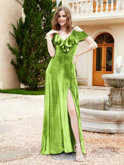 Robe de A-ligne en Velours à Col en V avec Fente Vert Citron Grande Taille