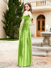 Robe de A-ligne en Velours à Col en V avec Fente Vert Citron Grande Taille