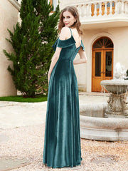 Robe de A-ligne en Velours à Col en V avec Fente Paon Grande Taille