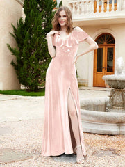 Robe de A-ligne en Velours à Col en V avec Fente Rose Perle Grande Taille
