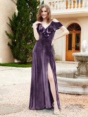 Robe de A-ligne en Velours à Col en V avec Fente Plum Grande Taille