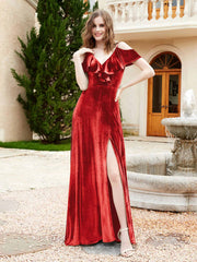 Robe de A-ligne en Velours à Col en V avec Fente Rouge Grande Taille