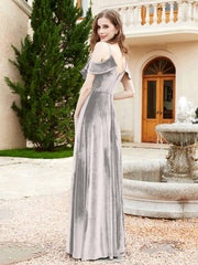 Robe de A-ligne en Velours à Col en V avec Fente Argent Grande Taille