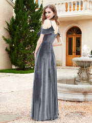 Robe de A-ligne en Velours à Col en V avec Fente Gris Acier Grande Taille