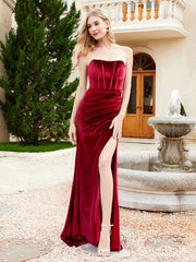 Robe Sirène en Velours Sans Bretelles avec Traîne Balayage Bordeaux Grande Taille