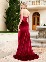 Robe Sirène en Velours Sans Bretelles avec Traîne Balayage Bordeaux Grande Taille