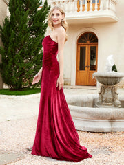 Robe Sirène en Velours Sans Bretelles avec Traîne Balayage Bordeaux Grande Taille