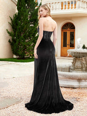 Robe Sirène en Velours Sans Bretelles avec Traîne Balayage Noir Grande Taille