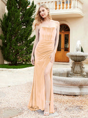 Robe Sirène en Velours Sans Bretelles avec Traîne Balayage Champagne