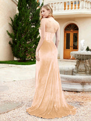 Robe Sirène en Velours Sans Bretelles avec Traîne Balayage Champagne Grande Taille
